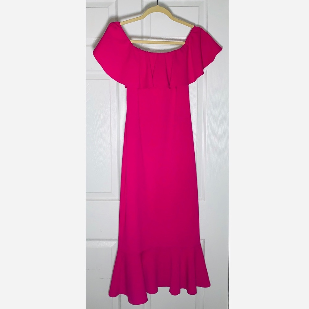 Fucsia dress off shoulder conservative ruffle